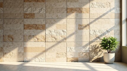 Sunlit Interior with Textured Wall and Potted Plant