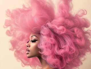 Fototapeta premium woman with pink hair, large afro, close-up portrait, modern style