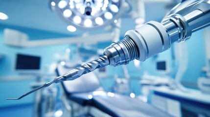 A close-up of a bone drill and surgical tools used for orthopedic surgery, isolated with ample copy space.