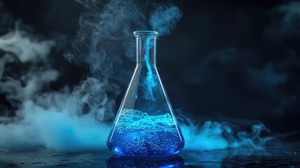 A close-up of a bubbling Erlenmeyer flask with vibrant blue liquid and smoke effects, placed on a lab table.
