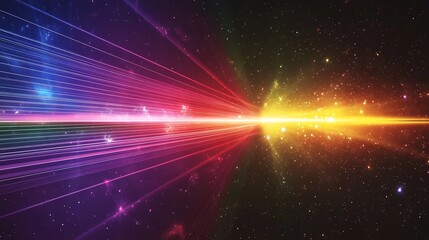 Cosmic Convergence: A vibrant abstract artwork depicting a celestial event with converging light beams, stars and nebulae.