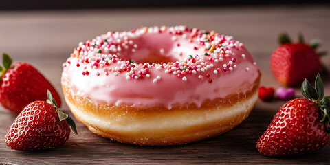 Freshly glazed pink donut with colorful sprinkles and ripe strawberries on a wooden table