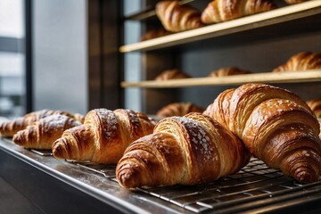 Golden Croissants Cooling on Racks in a Sunlit Bakery Kitchen
