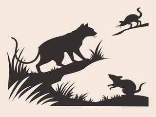 Cat hunting  a rat, cat and rat vector silhouette design