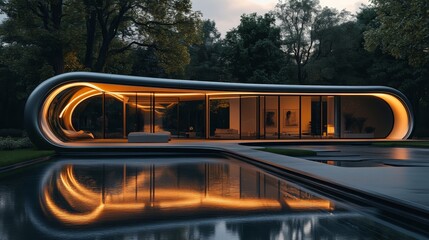 Modern Architectural House Surrounded by Lush Greenery Featuring a Sparkling Swimming Pool Illuminated at Night Creating a Tranquil and Inviting Outdoor Living Space for Relaxation