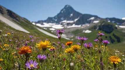 Fototapeta premium Female traveler explores a vibrant field of wildflowers beneath the majestic peaks on a sunny alpine day, embracing nature's beauty in a serene of the Swiss Alps