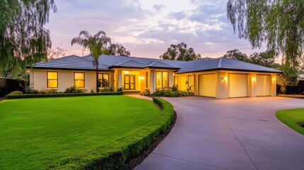 Elegant modern house with manicured lawn at sunset, showcasing serene neighborhood ambiance