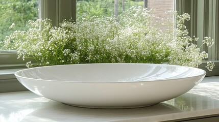 Fototapeta premium Elegant White Ceramic Bowl with Baby's Breath Flowers