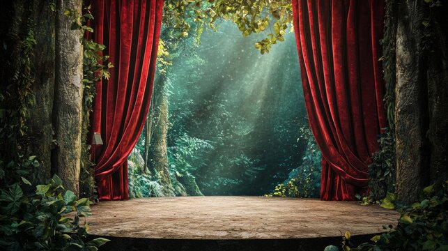 Theater stage with elegant red curtains and forest backdrop