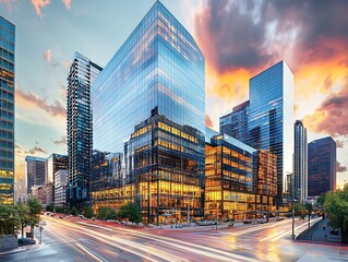 City Skyline Dominated by Tall Glass Skyscrapers Reflecting Sunrise, Modern Urban Architecture with Futuristic Aesthetic in a Serene Morning Glow