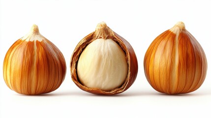 Obraz premium Whole and Halved Chestnuts on White Background Displaying Texture