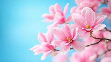 Obraz premium Delicate Pink Magnolia Flowers Against Soft Blue Sky Background