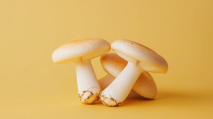 Minimalist composition with white mushrooms on yellow background