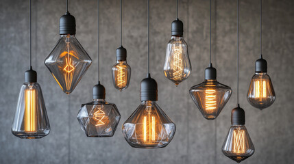 Obraz premium Vintage light bulbs set isolated on transparent background. Vector realistic illustration of different shape glass lamps with filament inside hanging on black wire, warm led light for interior design