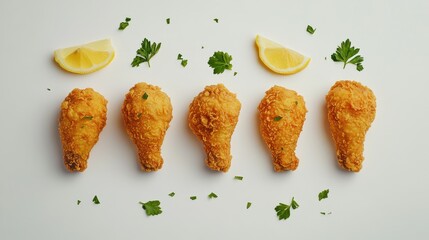 A flat lay of golden fried chicken wings styled with a garnish of freshly chopped parsley and lemon slices.