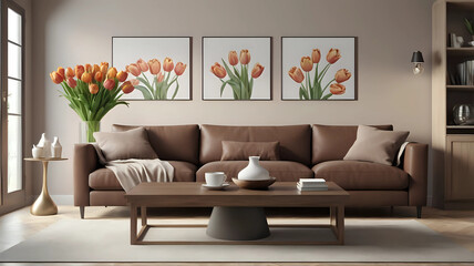 Stylish living room with brown sofa and bouquet of beautiful tulips on coffee table