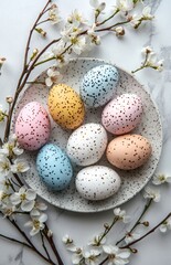 Obraz premium Easter eggs on elegant plate with willow branches and white flowers