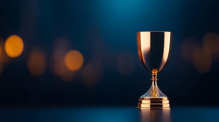 A shiny golden trophy stands prominently against a blurred blue background with soft lights, symbolizing achievement and victory