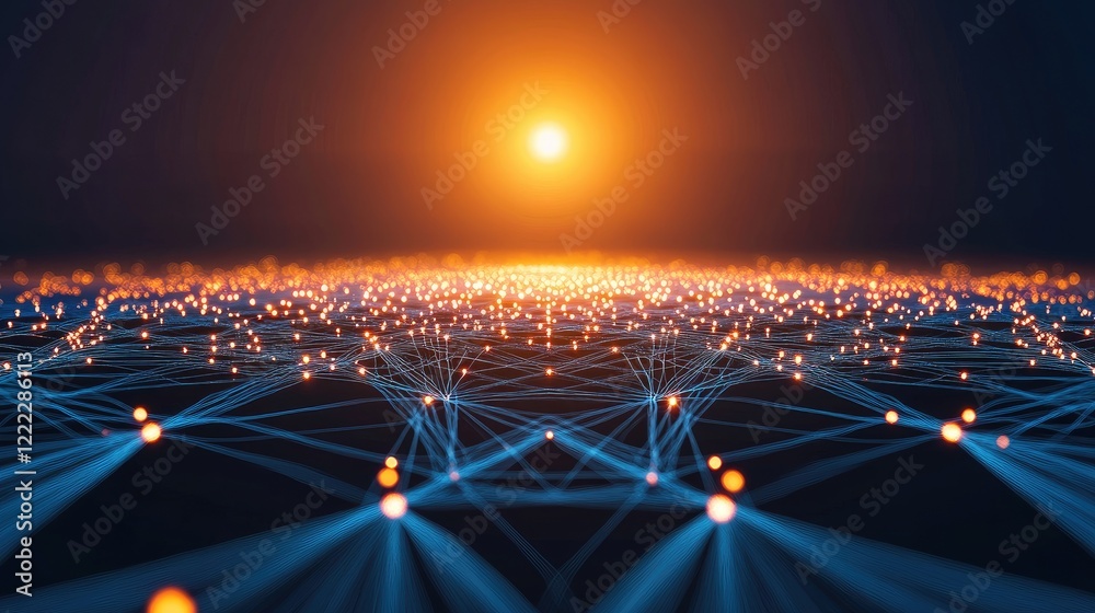 Poster a futuristic representation of a microchip with glowing connections and data patterns extending outw