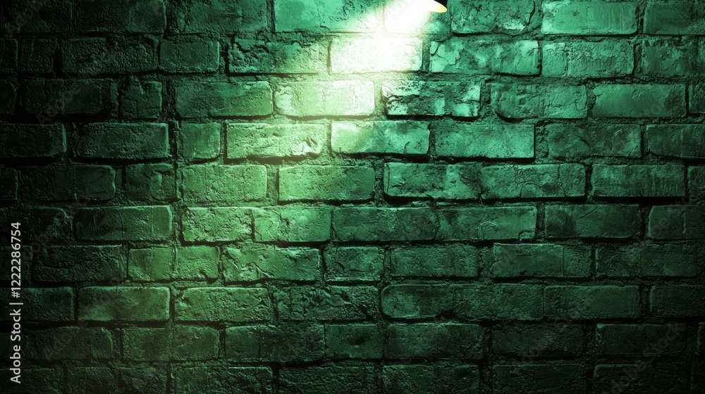 Poster soft green hues caress the rough texture of the brick surface as an overhead light casts dramatic sh
