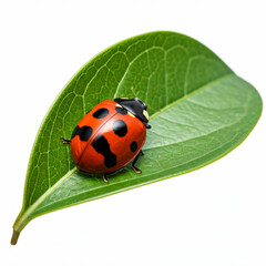 A close-up image captures a ladybug perched gracefully on a lush green leaf, both subjects showcased against a transparent backdrop.