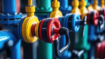 A high-resolution shot of industrial pipelines and valves in a chemical processing facility.
