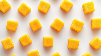 Bright Yellow Candy Cubes Arranged on a White Background