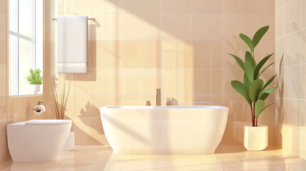 Fototapeta premium Bathroom studio with ceramic tile wall and floor vector illustration. Square clean pattern for light toilet interior. Beige geometric abstract bath room mockup with shadow. Pastel glossy construction