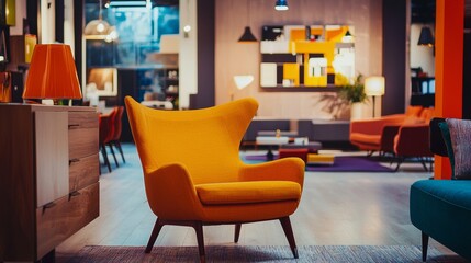 Modern living room with bright yellow armchair