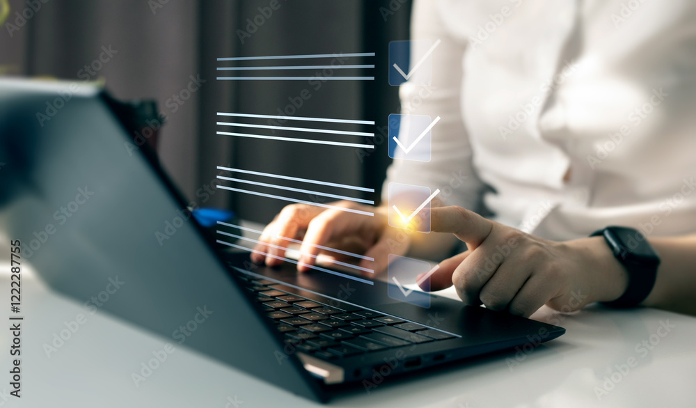 Fototapete Fast checklist and clipboard task management.Business productivity checklist and filling survey form online.	
