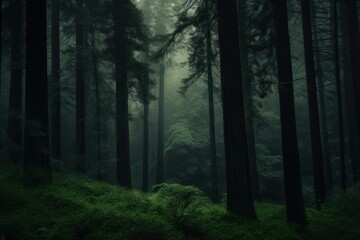 Naklejka premium A asian forest with tall dark green trees nature woodland outdoors.