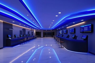 Naklejka premium Modern interior with blue lighting ambiance.