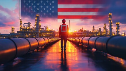 Worker in oil refinery with USA flag and pipelines