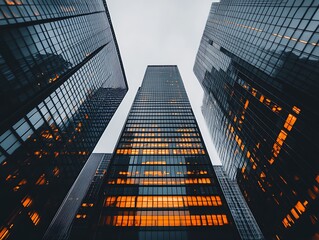 City Skyline Dominated by Tall Glass Skyscrapers Reflecting Sunrise, Modern Urban Architecture with Futuristic Aesthetic in a Serene Morning Glow
