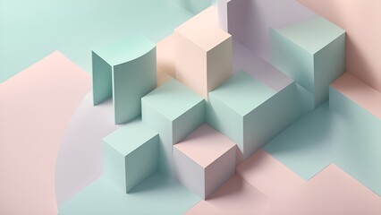 Abstract pastel-colored 3D geometric shapes create a modern minimalist background.
