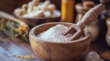 Fototapeta premium Rustic wooden bowl with flour and baking tools