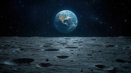 Earth in the distance viewed from outer space with stars visible in the dark background