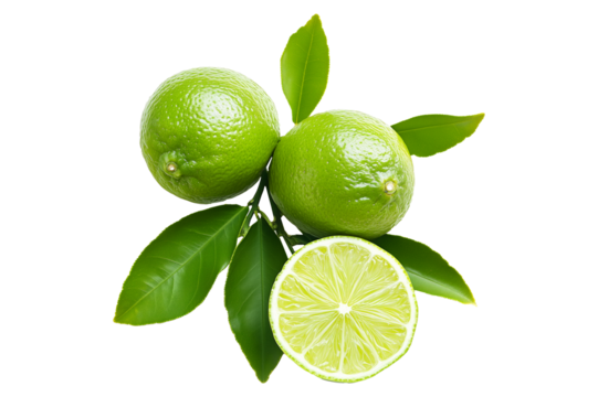 Whole and halved green limes with fresh leaves, presented on white transparent background, highlighting freshness and citrus concept.
