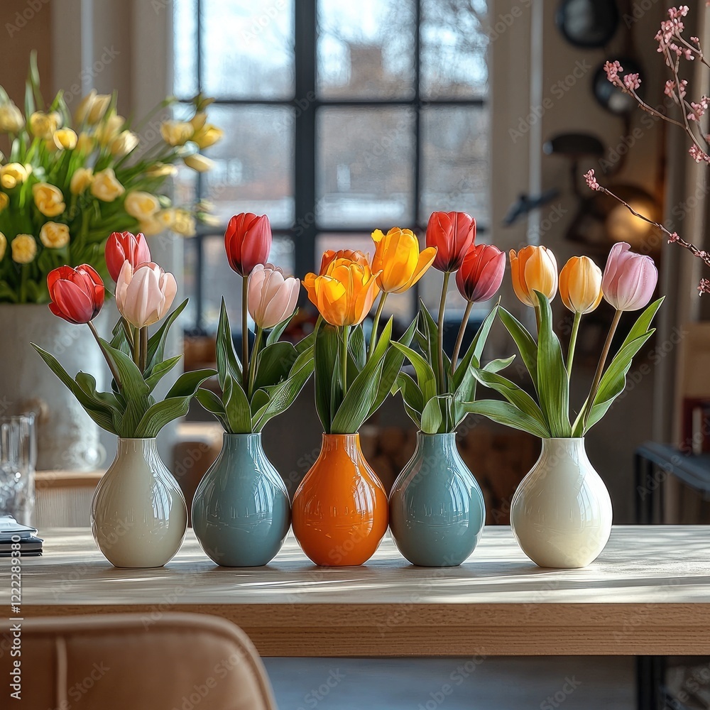 Poster five small bud vases with tulips on a table in beautiful environment.