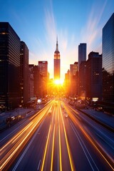 Fototapeta premium City skyline with sunset and light trails.