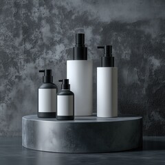 Fototapeta premium Cosmetic plastic bottles mockup. Spray bottle, pump dispenser bottle with blank white label template sitting on natural stone round podium. Logo, branding sticker template 