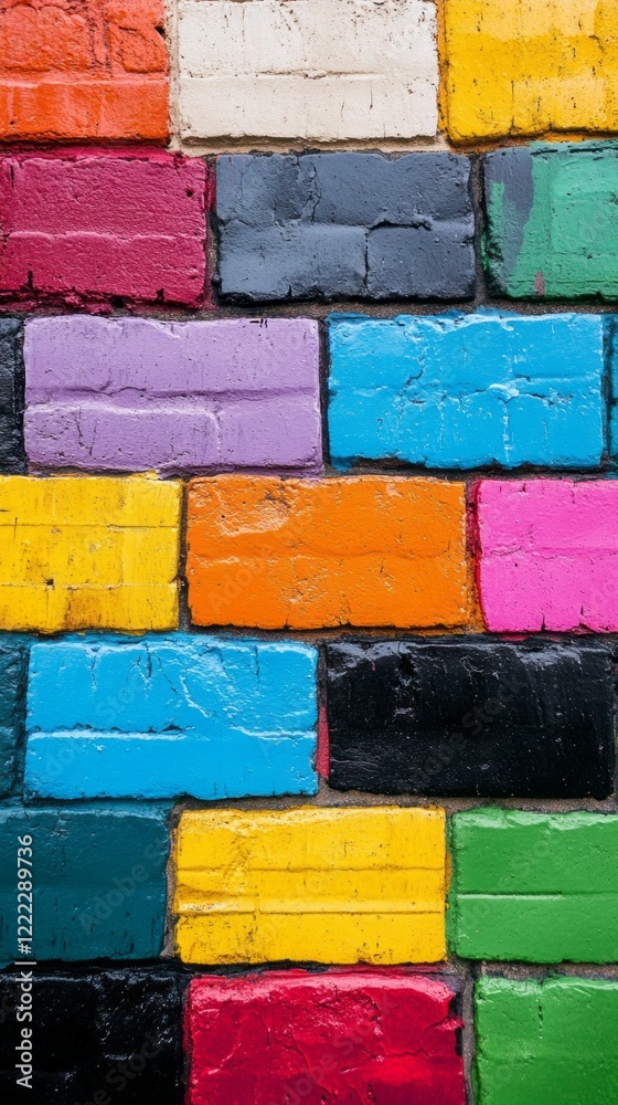 Poster a colorful painted brick wall showcases a lively array of hues, creating an artistic expression in t