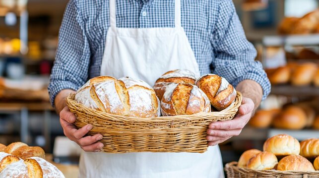 Entrepreneur shop SME concept. A baker holds a basket of freshly baked bread rolls in a cozy bakery setting, showcasing artisanal craftsmanship.