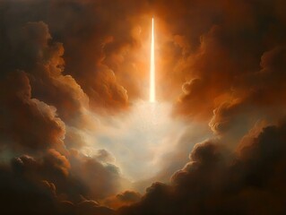 dramatic sky, light beam, orange and brown tones, intense light, atmospheric perspective