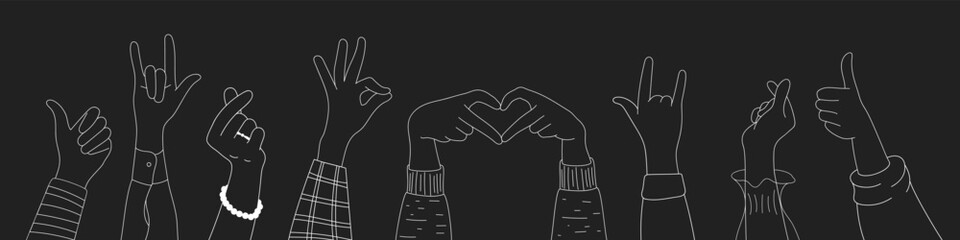 Doodle sketch hands up gestures comic icons silhouettes vector set. Group of line art fun comic hands in the air. Voting or happy congratulation audience recognition symbols.