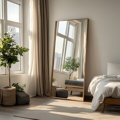 Modern bedroom interior with a round mirror.