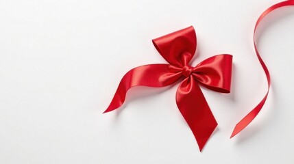 A vibrant red satin ribbon bow elegantly arranged on a pristine white background, perfect for celebratory occasions and elegant design projects