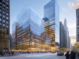 Fototapeta premium City Skyline Dominated by Tall Glass Skyscrapers Reflecting Sunrise, Modern Urban Architecture with Futuristic Aesthetic in a Serene Morning Glow