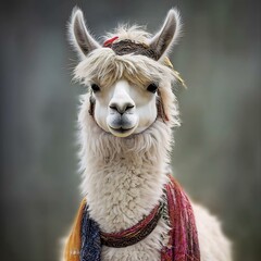 Fototapeta premium alpaca portrait, white fleece, colorful scarf, neutral background, calm expression