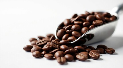 Fototapeta premium Roasted Coffee Beans Cascading from a Polished Metal Scoop onto a Pristine White Surface